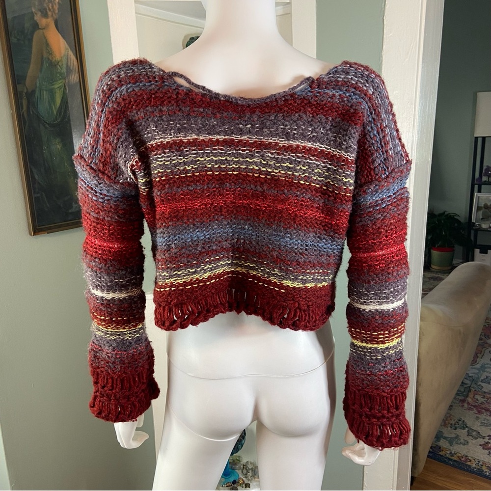 Free People Nordic Red Gray Striped Cropped Bell Sleeve Sweater Small S Chunky - Picture 3 of 14